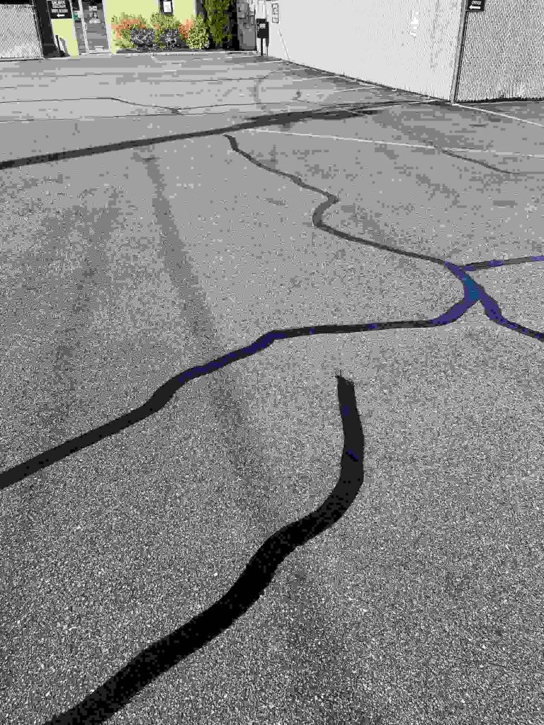 A paved parking lot with multiple black tar repair lines. The lot is empty, and in the background, there are building walls and some greenery visible at the top left corner.