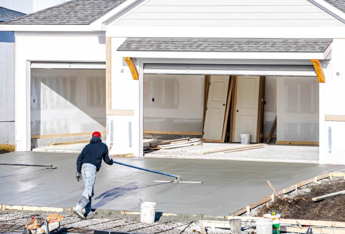 A construction worker spreads fresh concrete on a new driveway in front of a house with open garage doors and uninstalled doors leaning inside. Construction materials and tools are scattered around the area.
