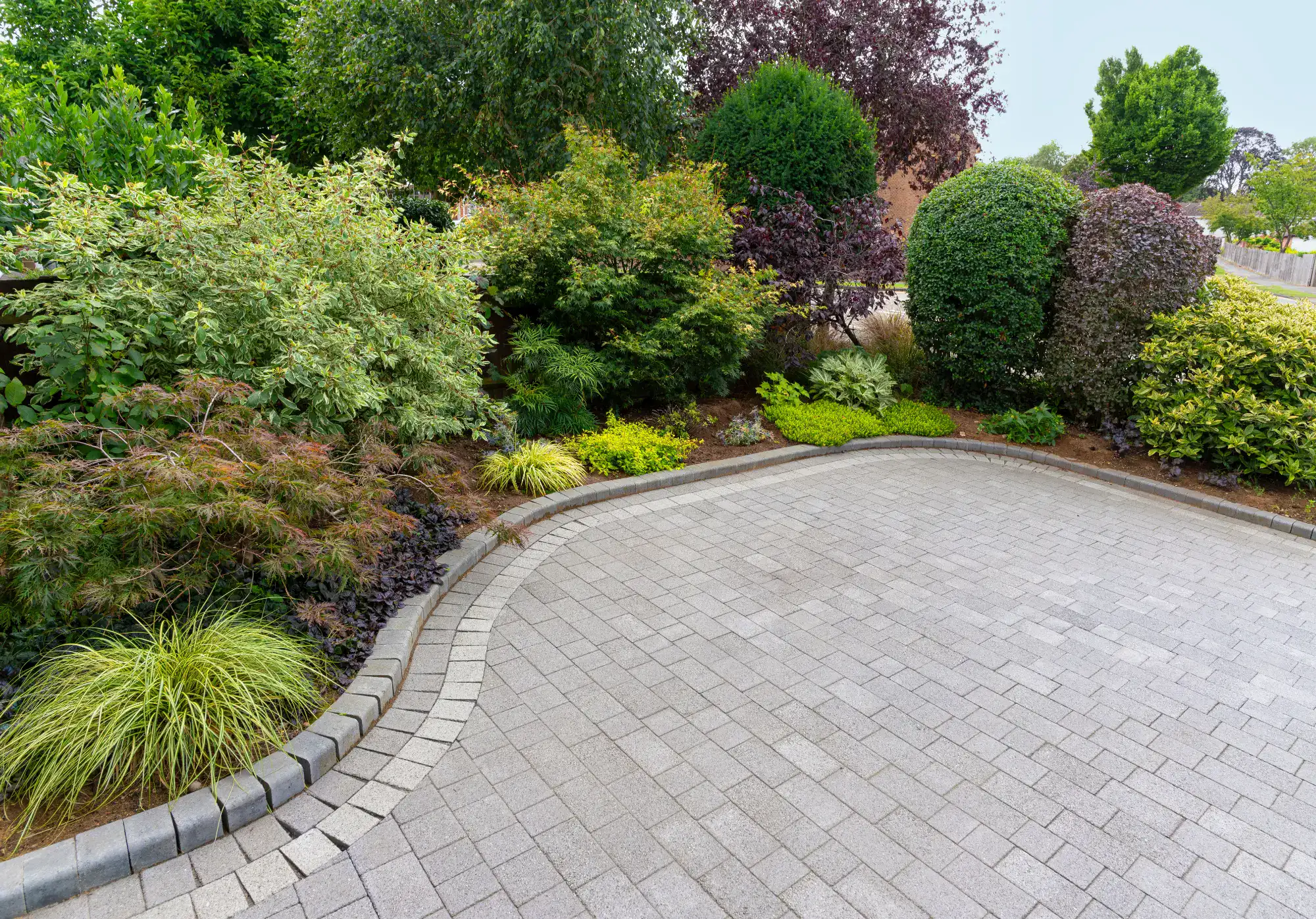 A paved driveway curves alongside a well-maintained landscaped garden with various green shrubs, bushes, and small trees under daylight.