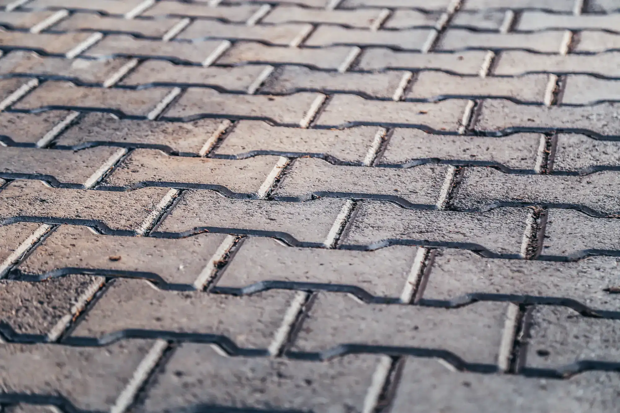 Close-up view of interlocking concrete pavers forming a pattern on a pavement, with visible grooves and slight shadows between the bricks.